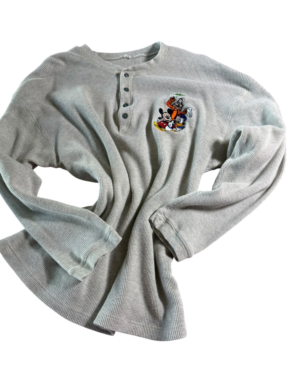 Disney Women’s Light Gray Waffle Henley Sweater with Mickey Embroidery